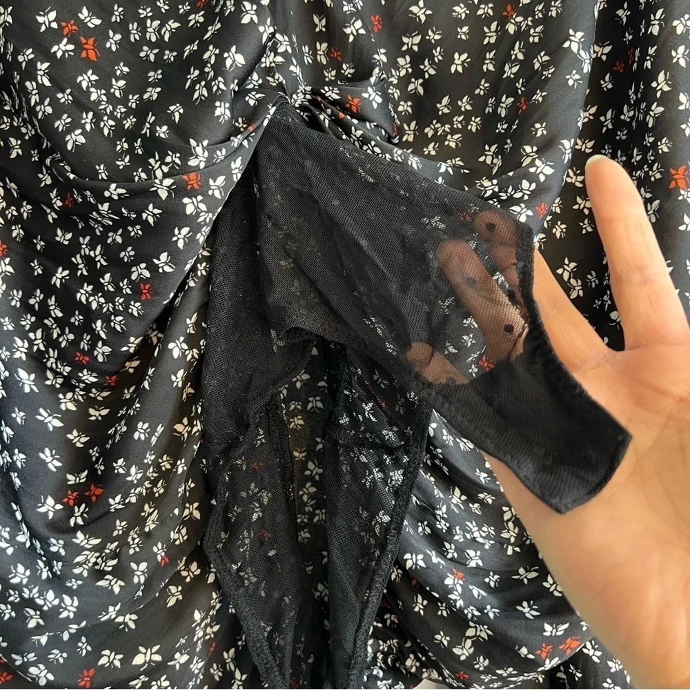 NWT Intimately Free People deep V black Floral printed bodysuit Sz S Witchy Goth